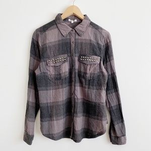 NWOT Women's Button Down Plaid Shirt with Stud Details, Plum, Medium